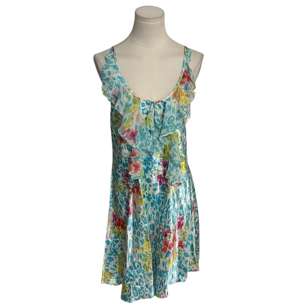 OSCAR DE LA RENTA Floral Slip Dress Lingerie Night Gown Sz L Blue Pink Tropical
